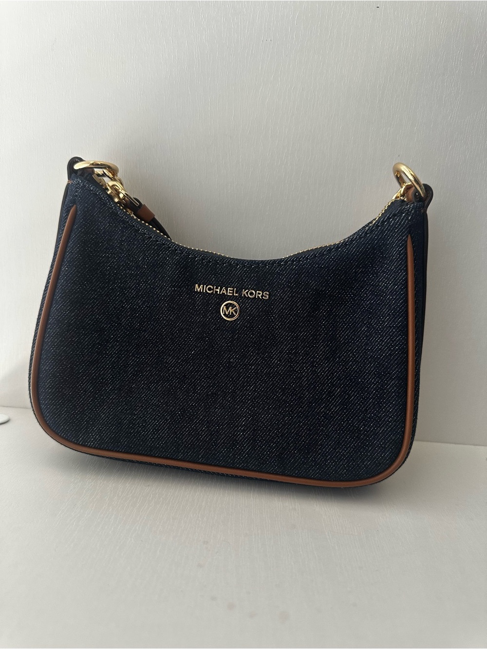 Michael Kors Dark Denim Shoulder Bag with Brown Trim and Gold Hardware NWOT